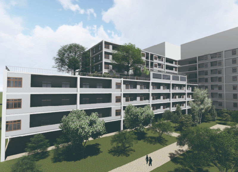 Sliding Wood Doors and Low-Emissivity Glass in L-Shaped Community Housing