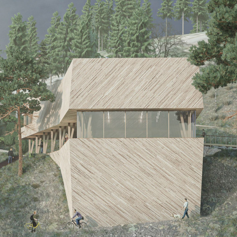 Floating Yoga Hall Above a Zen Garden with Mountain Larch Facade