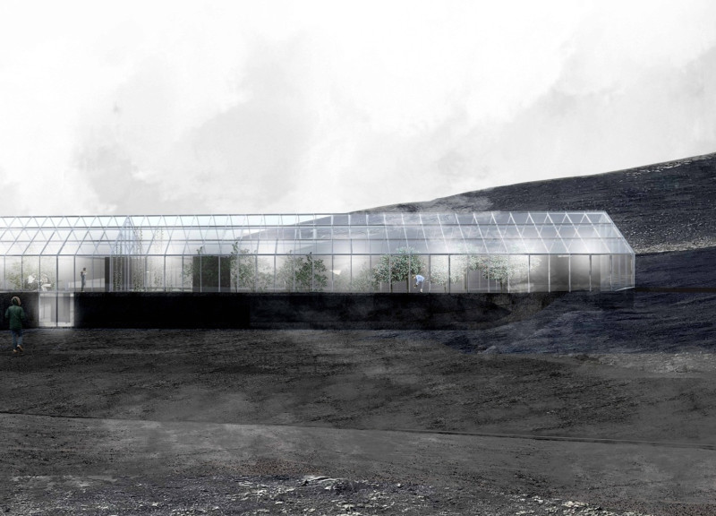 Pumice Structure with Elevated Greenhouse Overlooking Volcanic Landscape