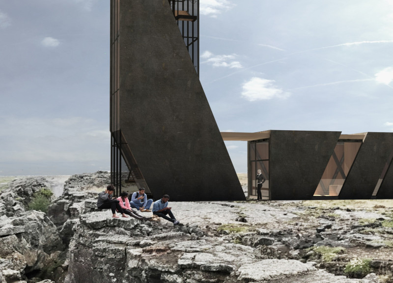 Curved Pathway and Recycled Steel Watchtower Embracing Natural Caves