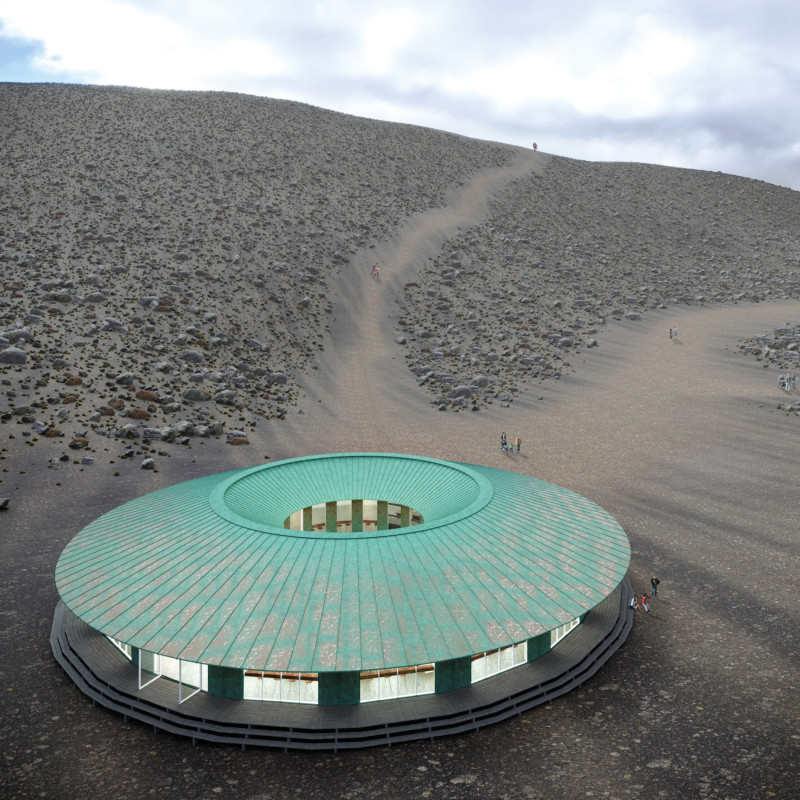 Circular Copper Cladding Merging with Scenic Volcanic Landscapes for Eco-Friendly Visitor Engagement