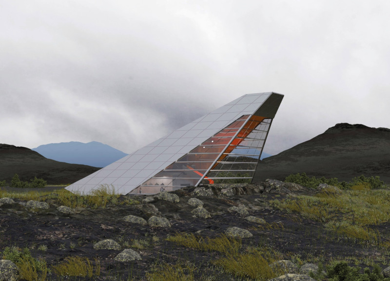 Volcanic Stone Shelter with Glass Panels Seamlessly Integrating into Natural Terrain