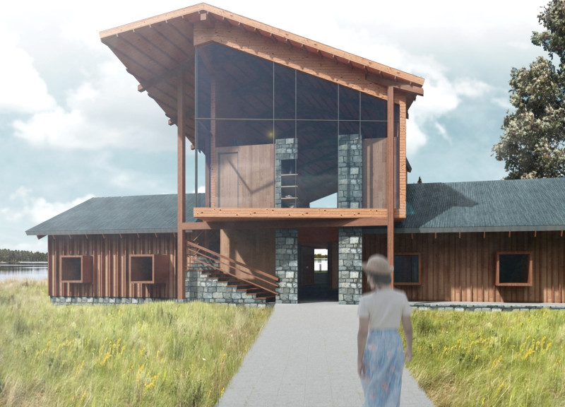 Timber Framing Anchored by Heavy Stone with Lakefront Breezeway