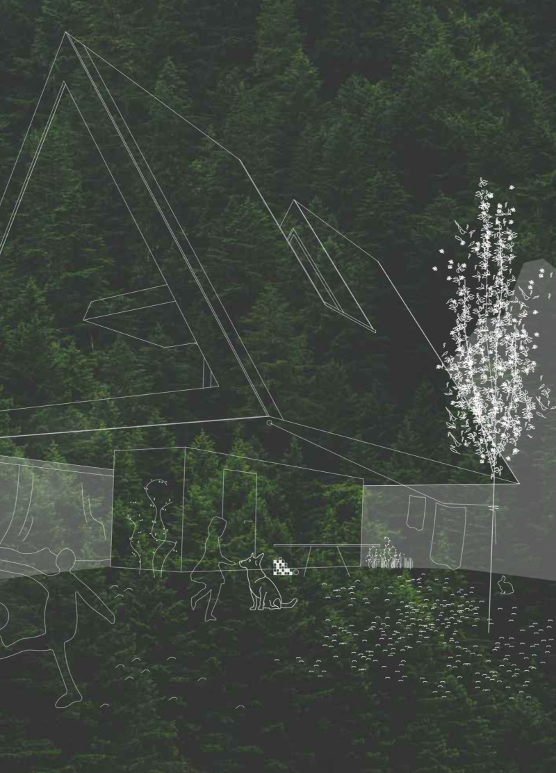 Triangular Overhangs and Recycled Concrete in a Compact Modular Shelter