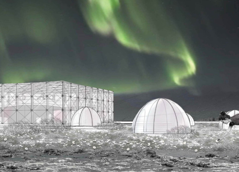 Rainwater Harvesting Structure with Curved Walls Overlooking a Volcano