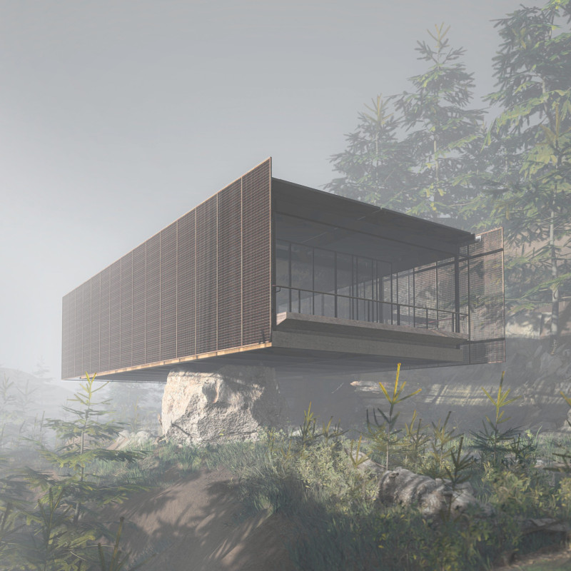 Cantilevered Steel Shala Overlooking Serres with Cork Flooring