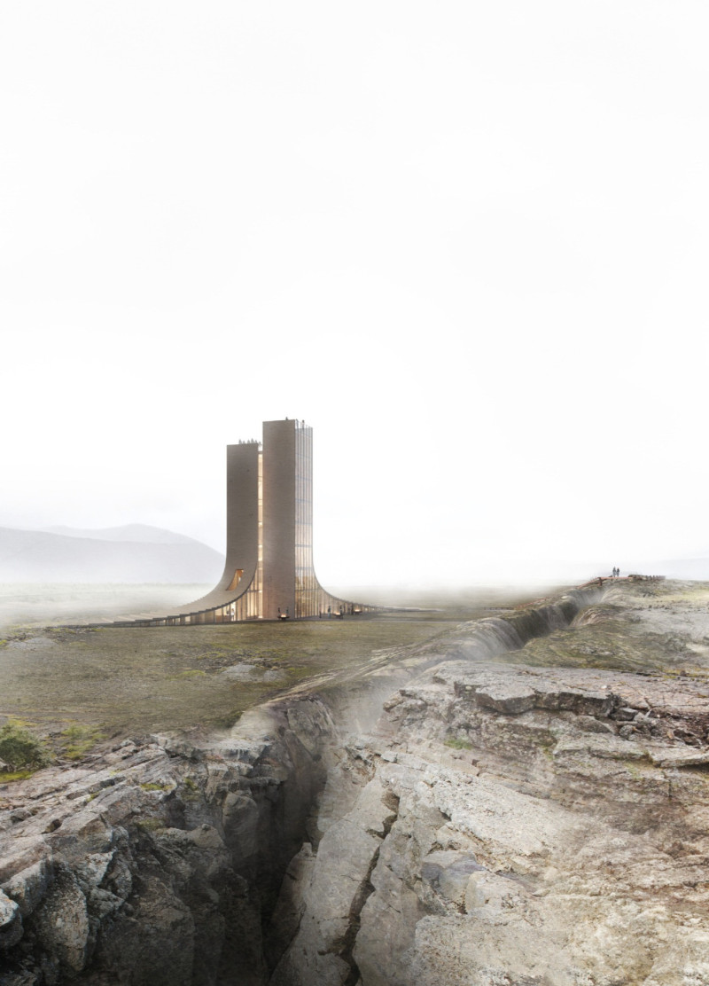 Natural Stone and Reinforced Concrete Towers Embracing Iceland's Tectonic Landscape