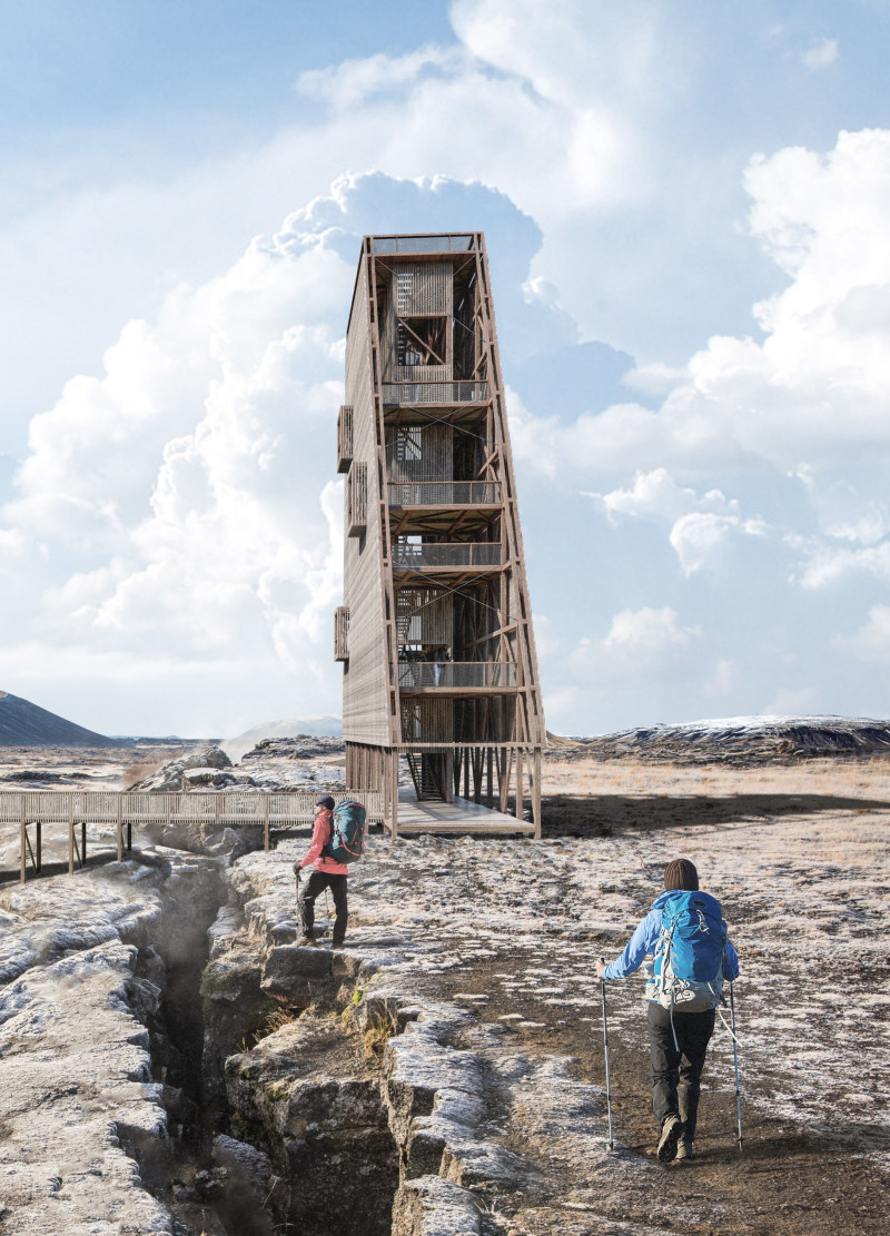 Panoramic Observation Tower with Stone Base Reflecting Local Geology