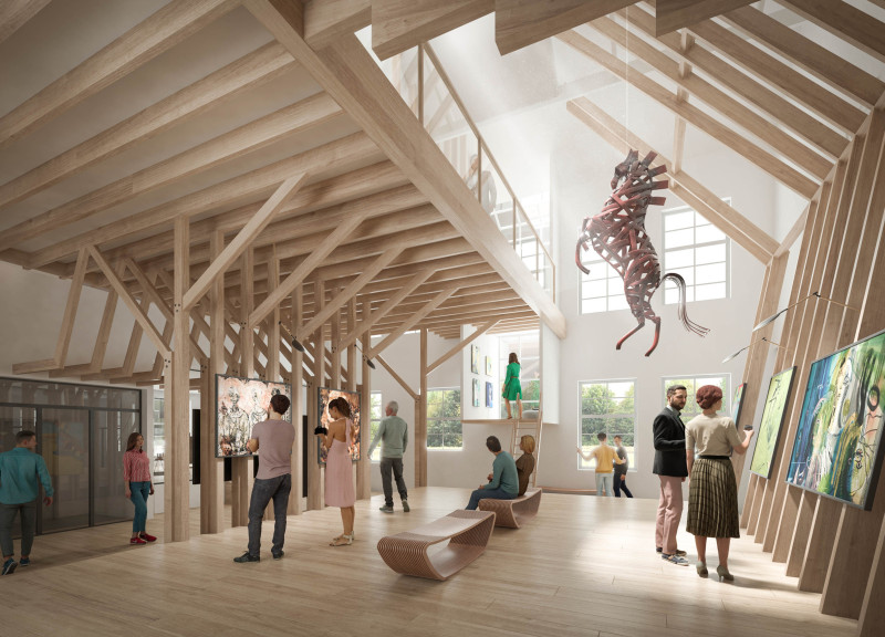 Phased Development of Charred Wooden Shingles and Cross-Laminated Timber in a Community-Centric Cultural Space