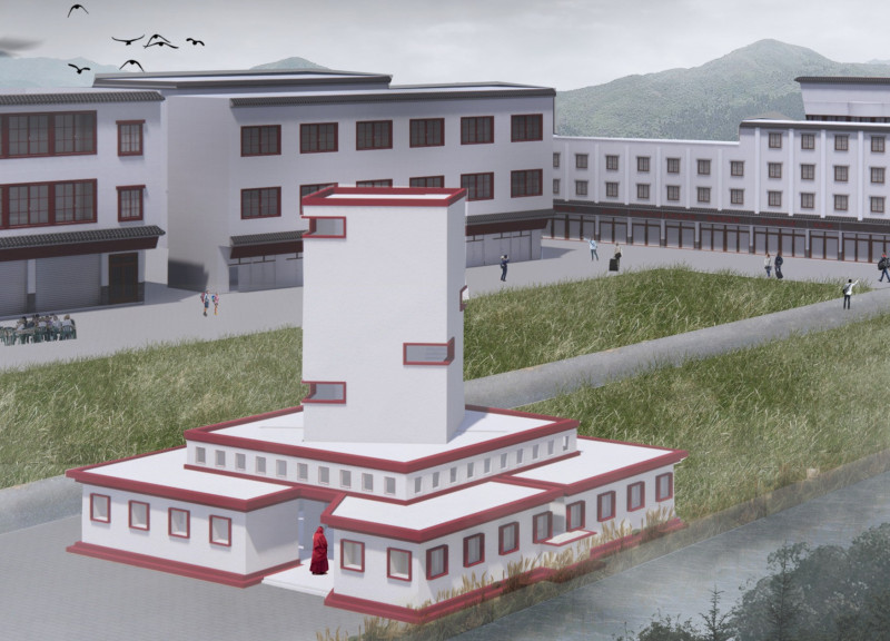 Meditative Space with Controlled Light and Views of the Temple