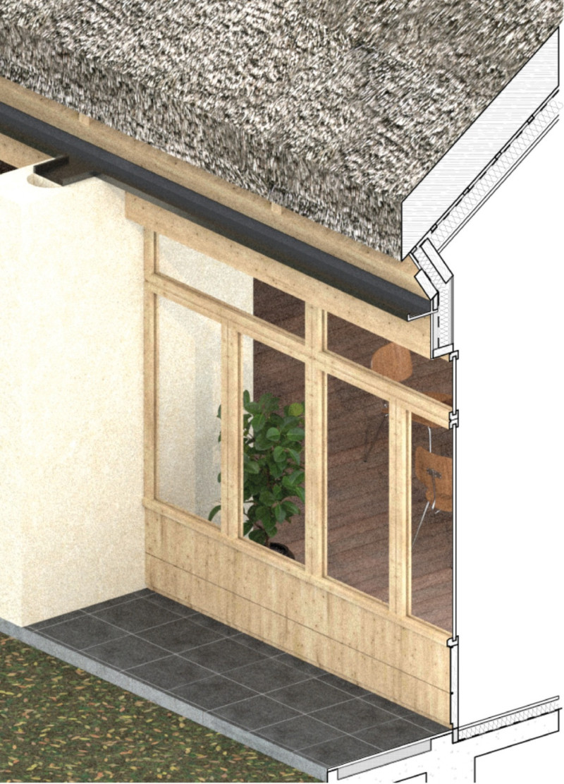 Connected Spaces with Thatched Roof and Masonry Base