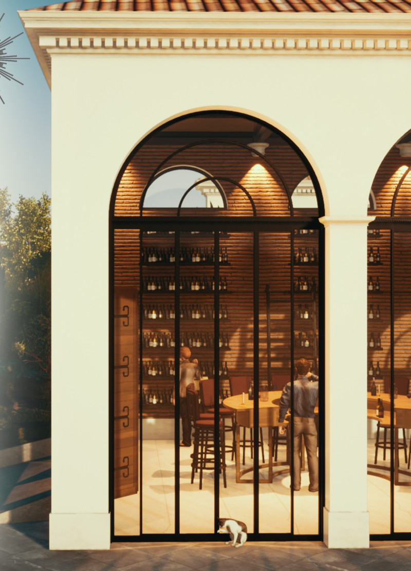 Lime-Covered Walls Framing Vineyard Views in a Rustic Tasting Room