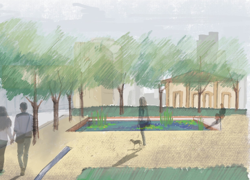 Elevated Green Spaces with Distinct Orange Features Along Historic Canal