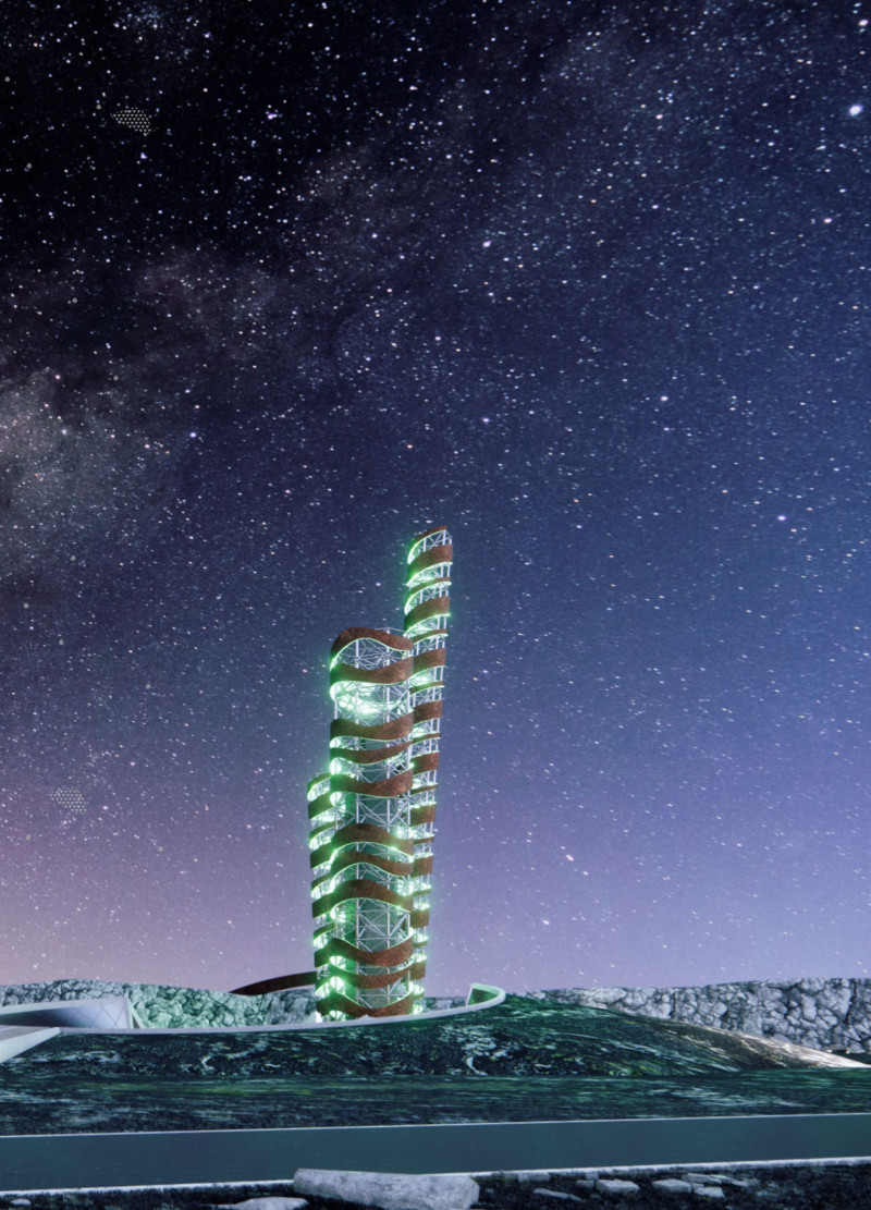 Corten Steel Tower Embracing Natural Terrain with Geothermal Integration