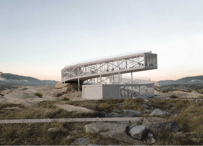 Twisting Glass Structure over Lava Landscape