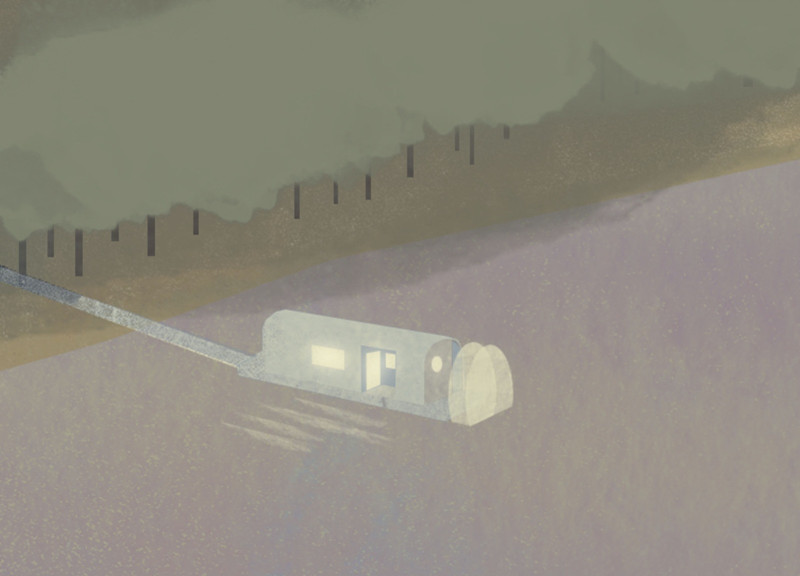 Floating Residence with Energy-Generating Waterwheel and Plywood Framework