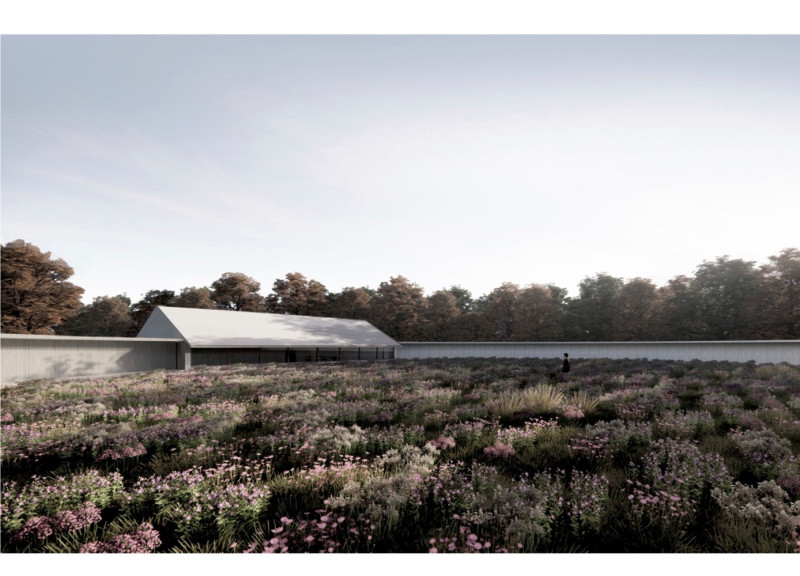 Dark Wood and Bright Concrete Embrace in a Walled Garden Hospice