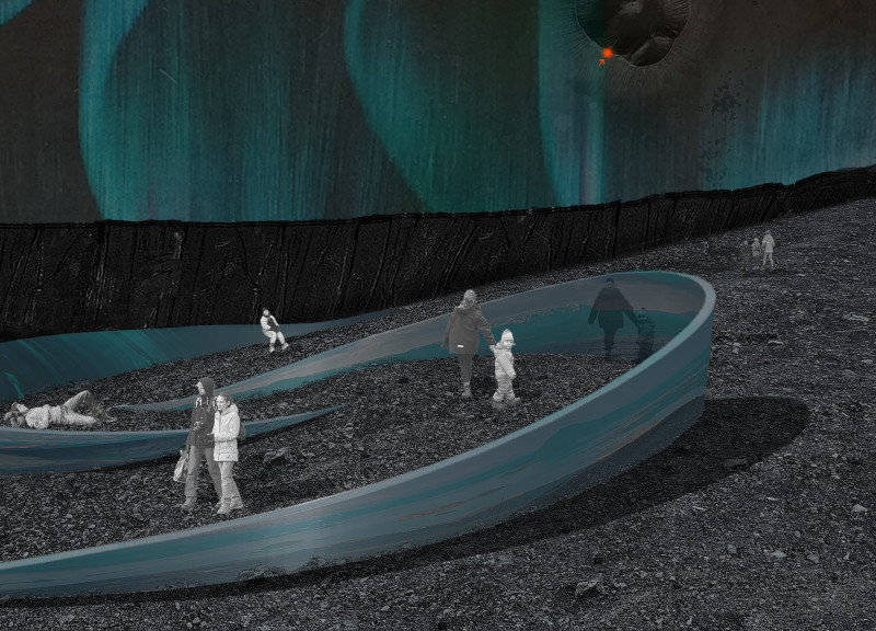 Reflective Steel Walls Shaping Contemplative Space in Volcanic Landscape