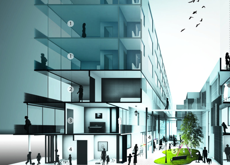 Integrating Public Courts with Flexible Living Spaces in Slab Structures