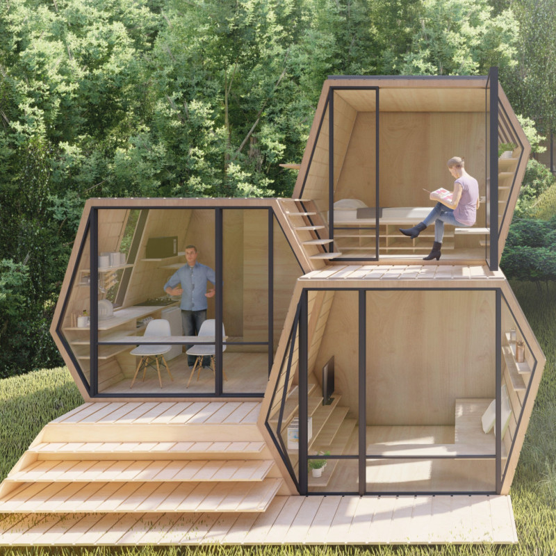 Rhomboid Wooden Panels Create Flexible Micro Living Spaces
