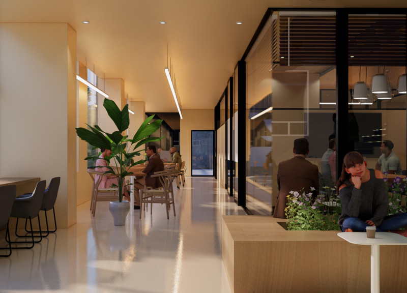 Nature-Infused Workspace with Tall Trees in a City Center