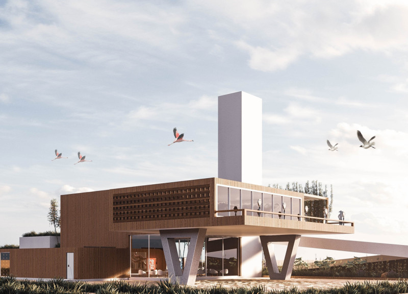 White Tower with Glass Walls Highlighting Wetland Conservation