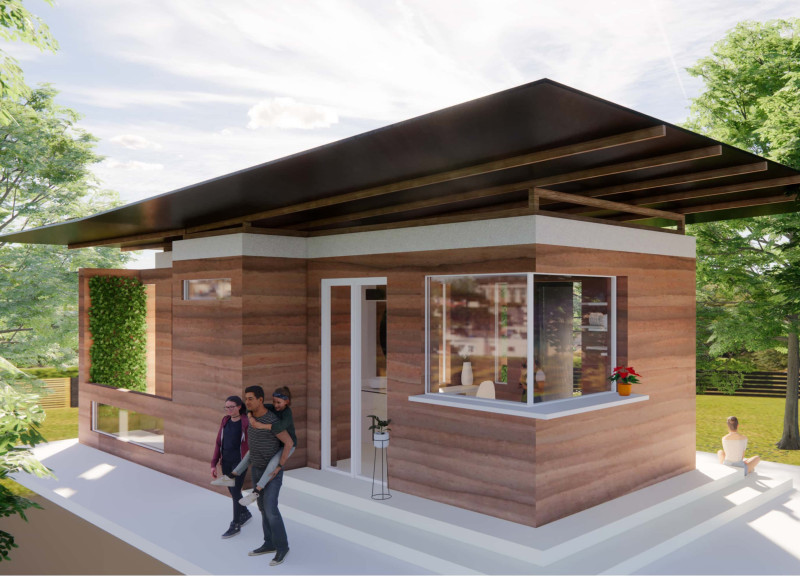 Rammed Earth Walls and Transparent Wood Forming a Community Porch Residence