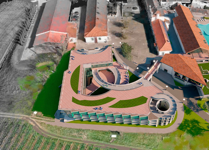 Terracotta Biber and Photo Tiles Complementing Vineyard Views in Modern Hospitality Setting