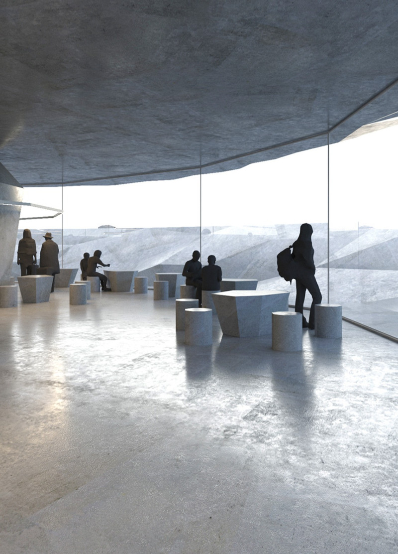 Sliced Stone Disc Elevated on Lava Rocks with Laminated Wood Structure for Tranquil Coffee Retreat