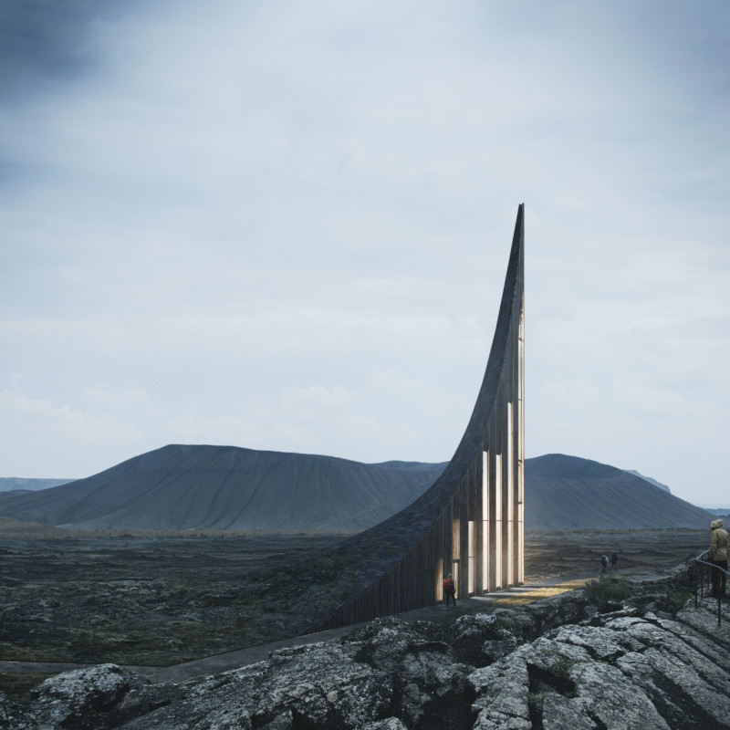 Lava Stone Landmark Inspired by Huldufólk Connected to Tectonic Landscape