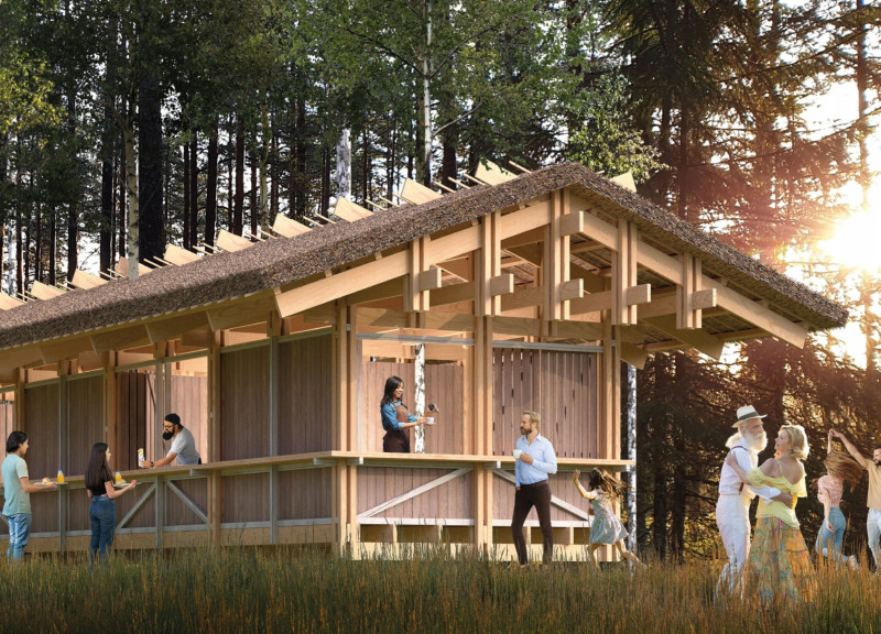 Thatching and a-Frame Structures Creating a Culinary Gathering Space in a Forest