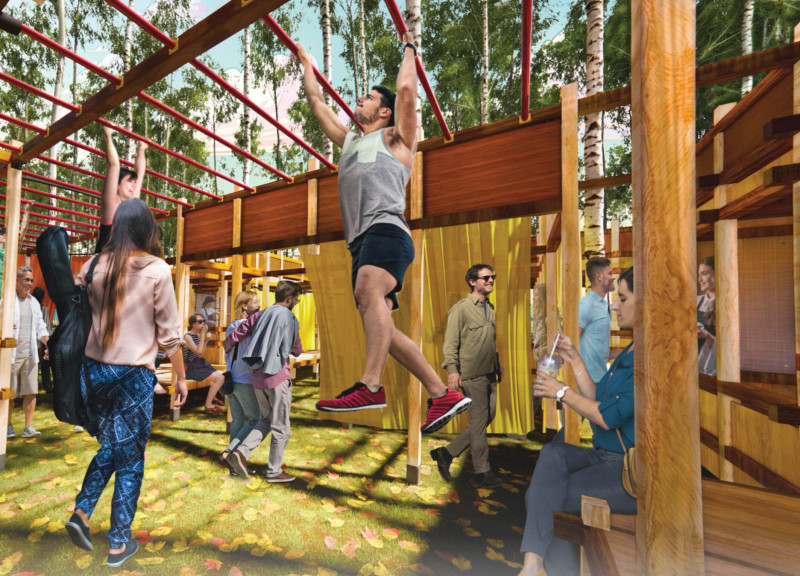 Circular Curtains and Wood Beams Enhancing Community Dining in a Forest Setting