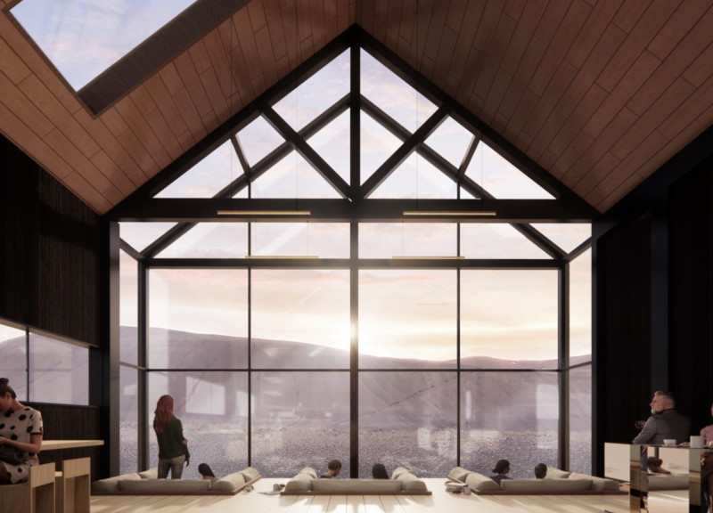 Elevated Shelter Crafted with Sitka Spruce and Low-E Glass Amidst Volcanic Terrain