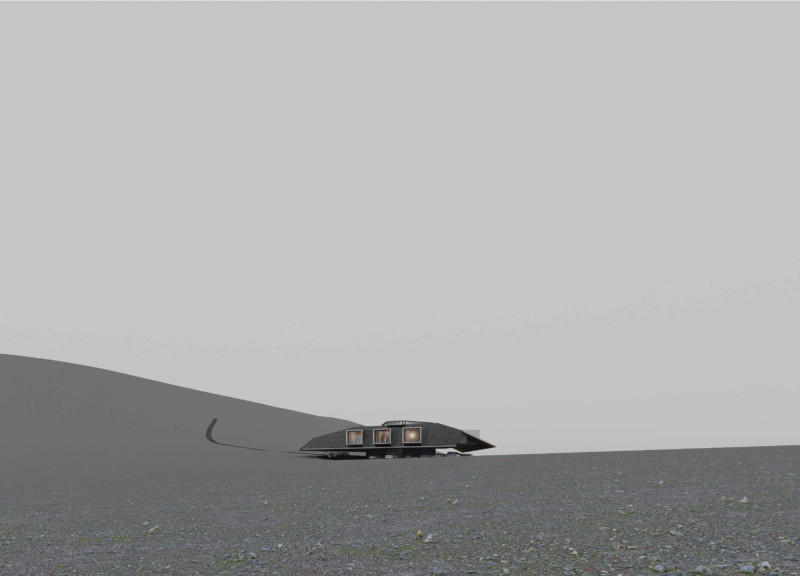 Triangular Structure Featuring Reinforced Concrete and Solar Panels Blending with Iceland's Volcanic Landscape