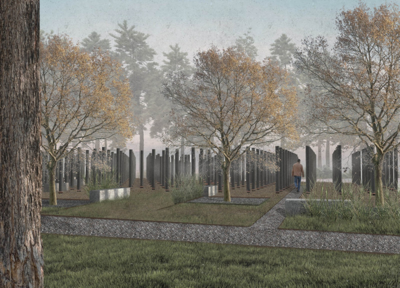 Monolithic Cylinders in Steel and Concrete Create Reflective Memorial Landscape