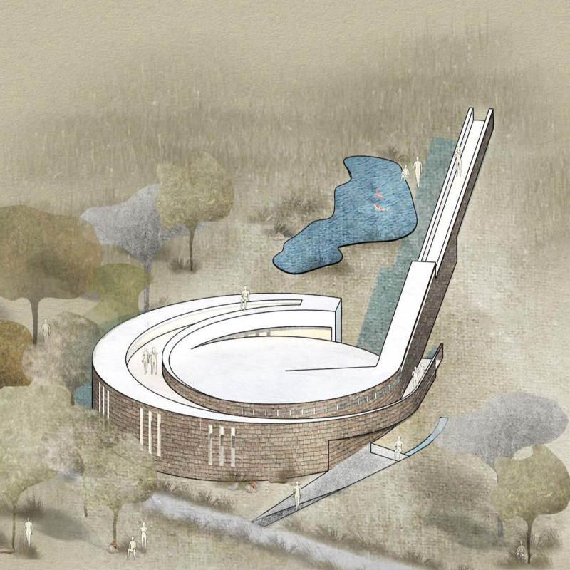 Spiral Form Enhanced by Natural Cork and Exposed Concrete in a Community Gathering Space