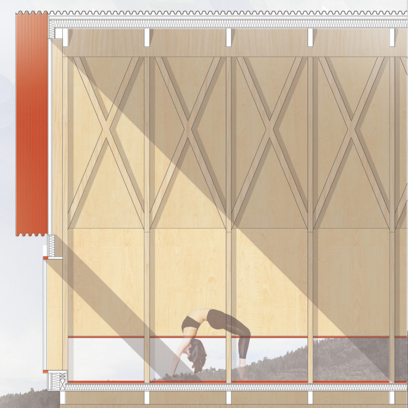 Red Zinc Roof over Timeless Birch and Reclaimed Tiles for Yoga Practice