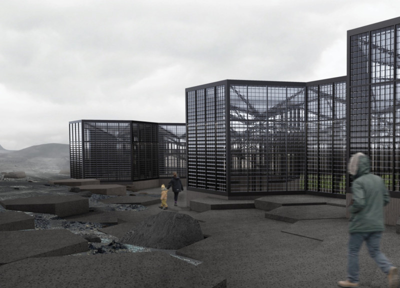 Hexagonal Canopy of Glass and Concrete Supporting Sustainable Agriculture