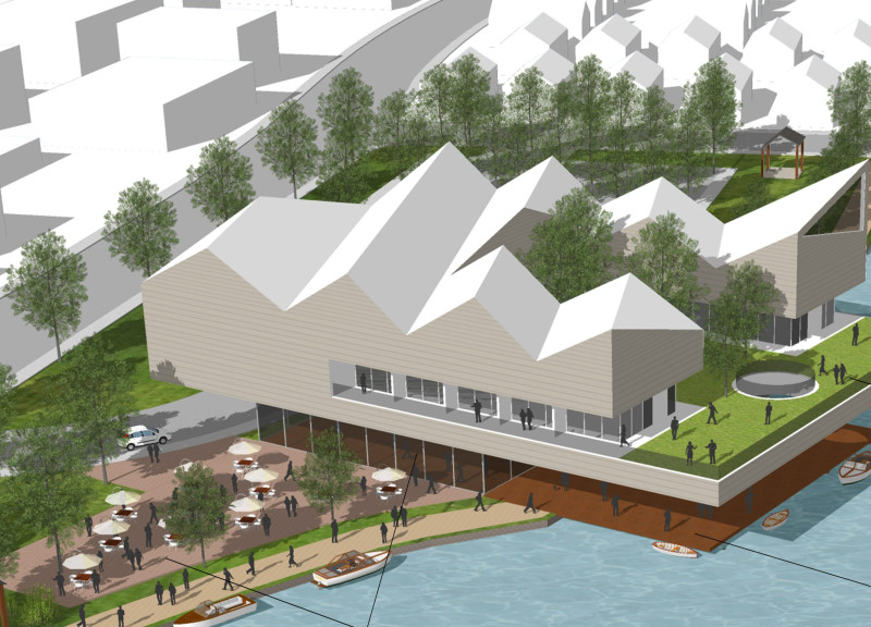 Floating Pavilion with Cantilevered Balcony Supporting Community Care