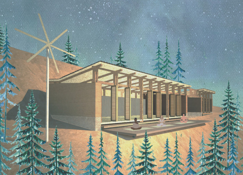 Charred Wooden Shingles and Natural Stone Integration in a Mindfulness Retreat