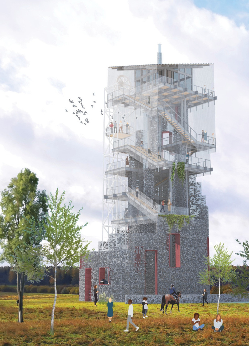 Gabion and Mesh Structure Offering Elevated Views in Natural Landscape