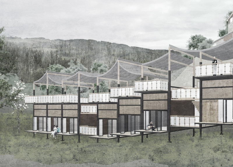 Adjustable Steel Pillars Accompanying Glass Panels in a Tranquil Retreat