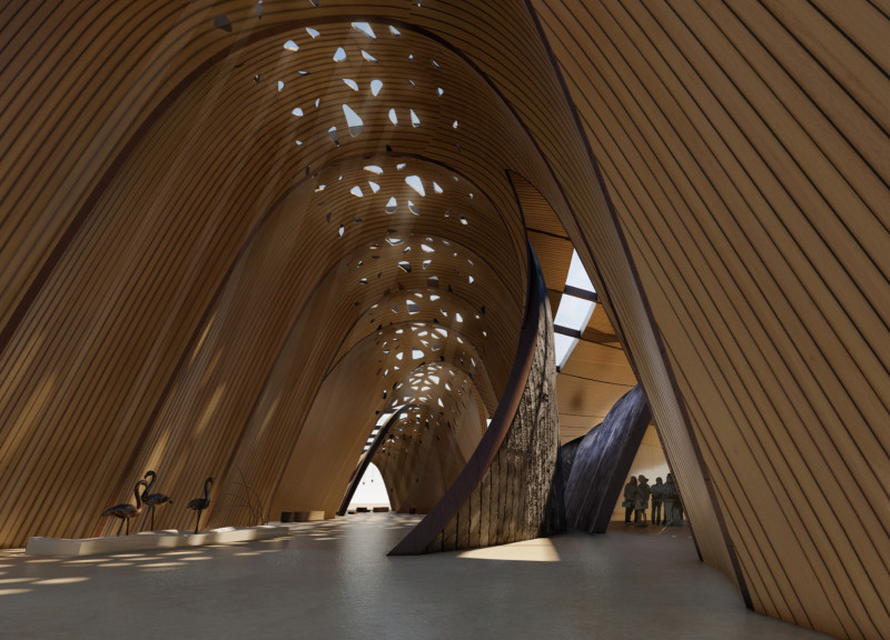 Bamboo Ceilings and Wood Cladding in a Wetland Visitor Center
