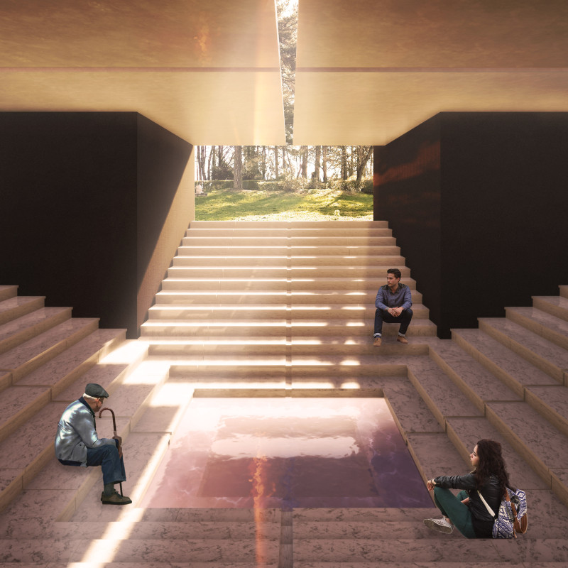 Timber Arches Reflecting Light in a Sunken Columbarium