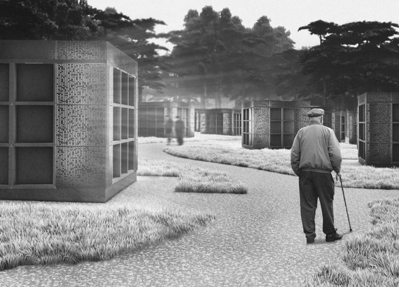 Translucent Concrete Niches Illuminated by Solar Light in Reflective Memorial Space