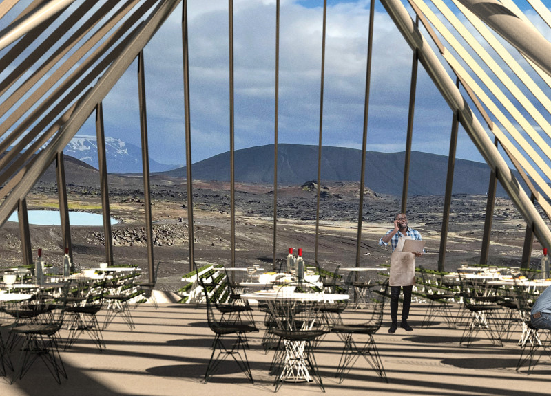 Hydroponic Greenhouse Restaurant with Glazed Roofs and Steel Framework Integrated into Volcanic Landscape