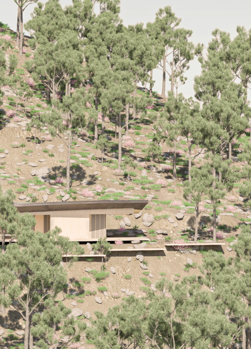 Rammed Earth Retreat Surrounded by Pine Forest and Elevated Yoga Spaces