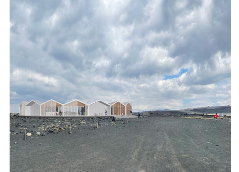 Circular Café with Elevated Concrete Footing and Volcanic Rock Courtyard