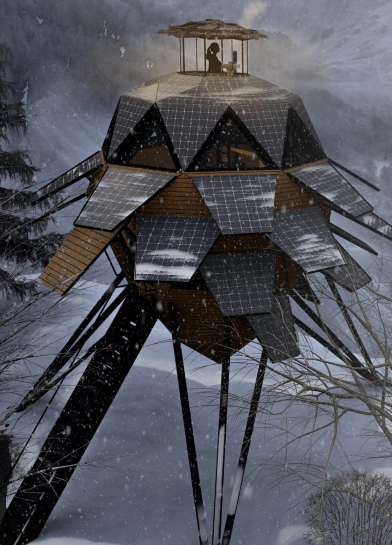 Movable Solar Panels and Thatch Roofs in a Sustainable Forest Residence