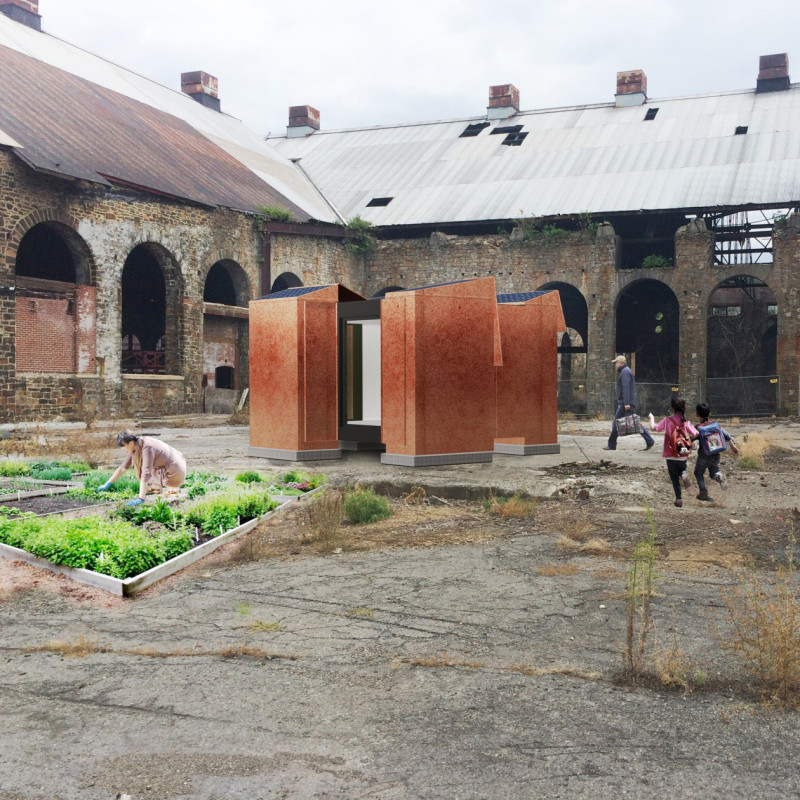 Rusty Steel Shelters with C-Shaped Modularity for Community Housing
